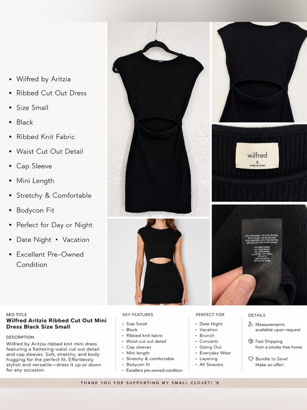 Wilfred Aritzia Black Ribbed Knit Cutout Mini Dress Size S